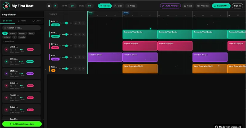 Beat Arranger interface showing a multi-track song arrangement.
