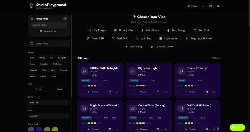 Studio Playground interface showing organized sound packs and music loops.